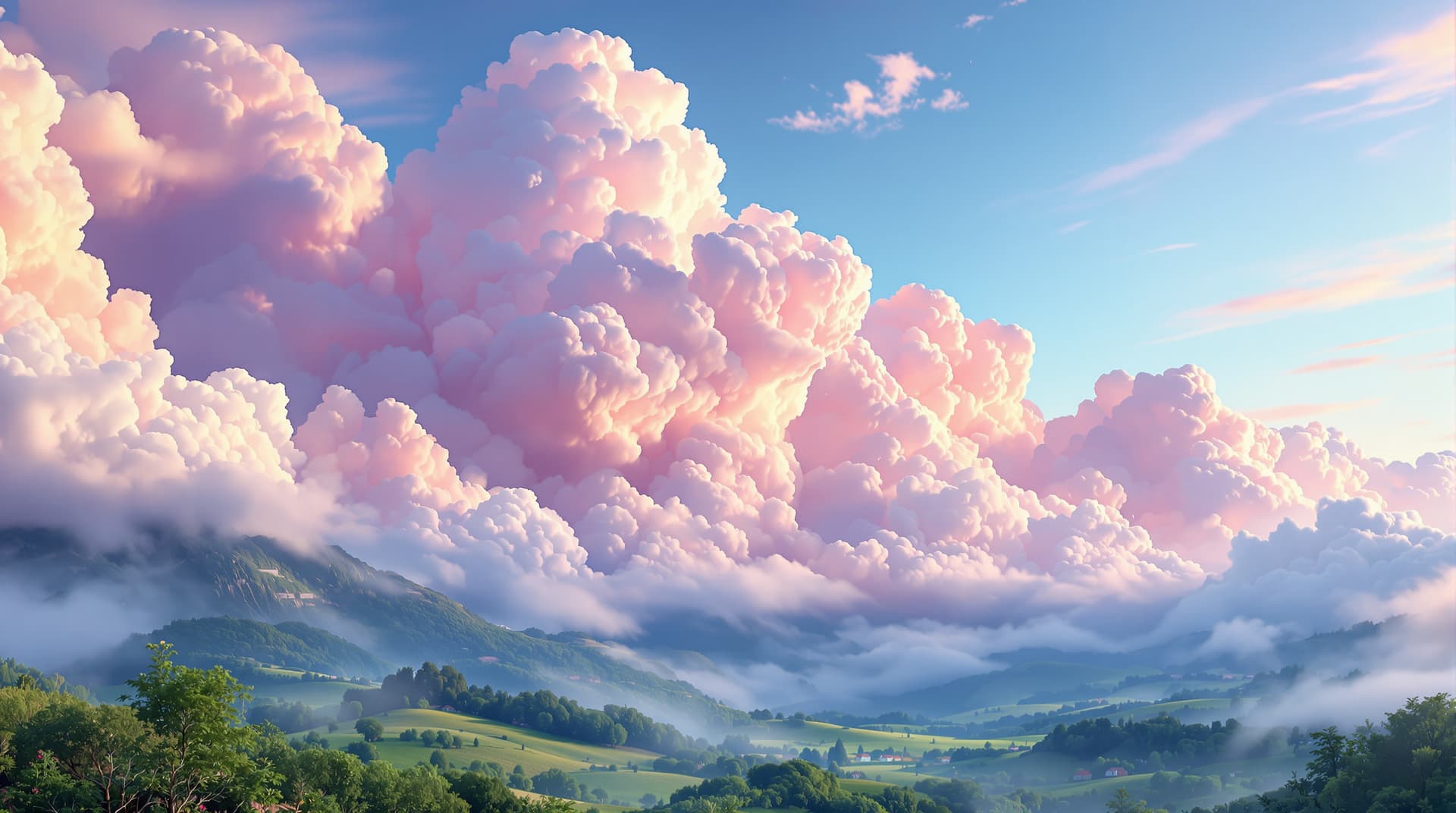 AI generated: A breathtaking surrealism valley landscape, where white clouds graduate into soft hues, greets the v...