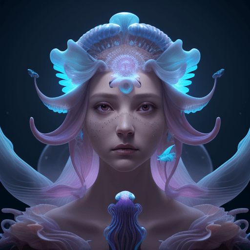 AI generated: Goddess close-up portrait ribcagel. jellyfish phoenix head, nautilus, orchid, skull, betta fish, bio...