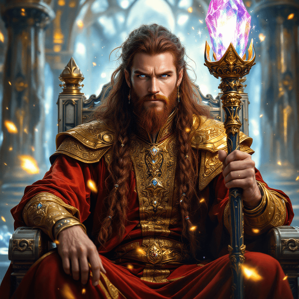 AI generated: A powerful ruler with long, dark auburn hair, often styled in elaborate braids adorned with gold and...