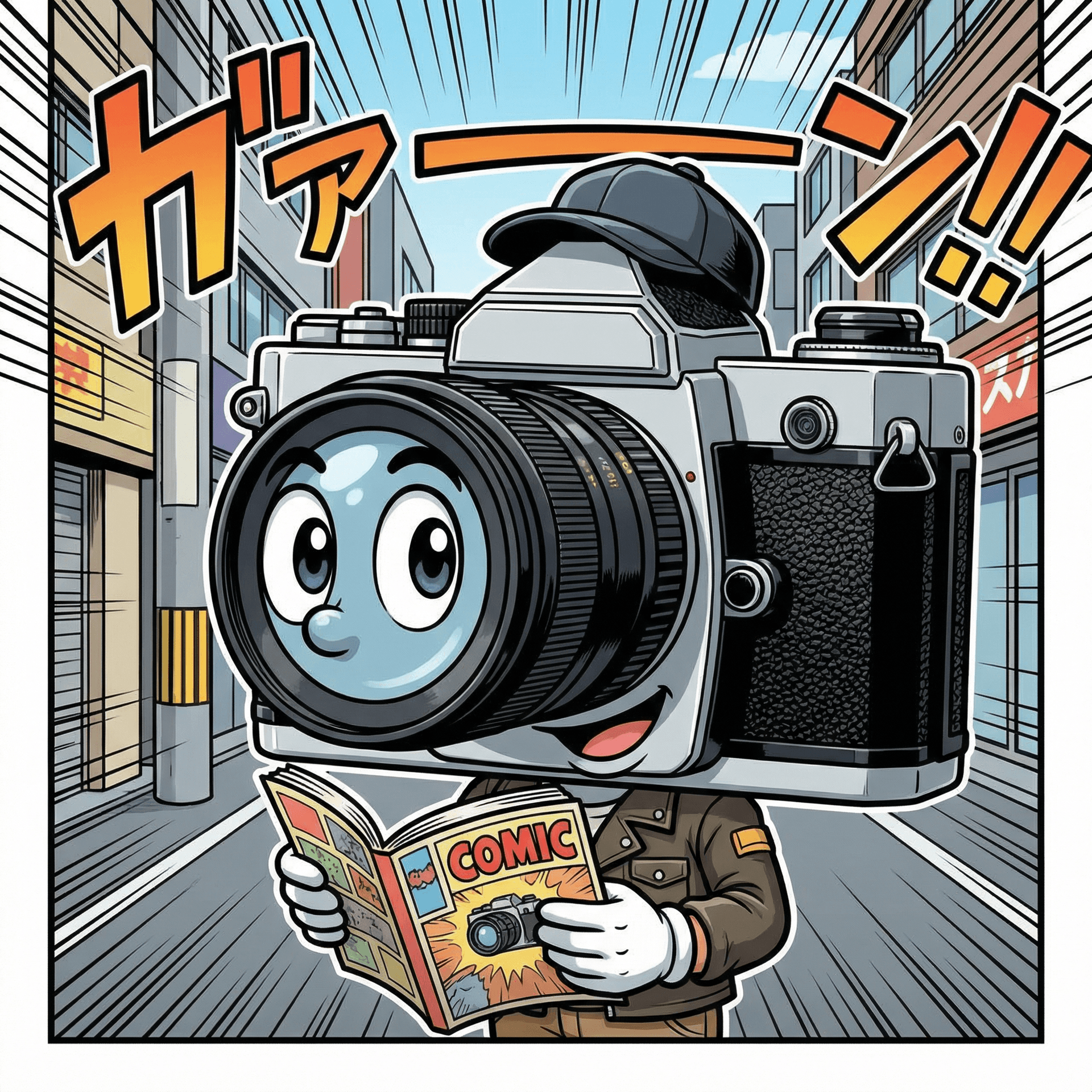 AI generated: Humanized, manga-style reflex camera with eyes, mouth, and nose