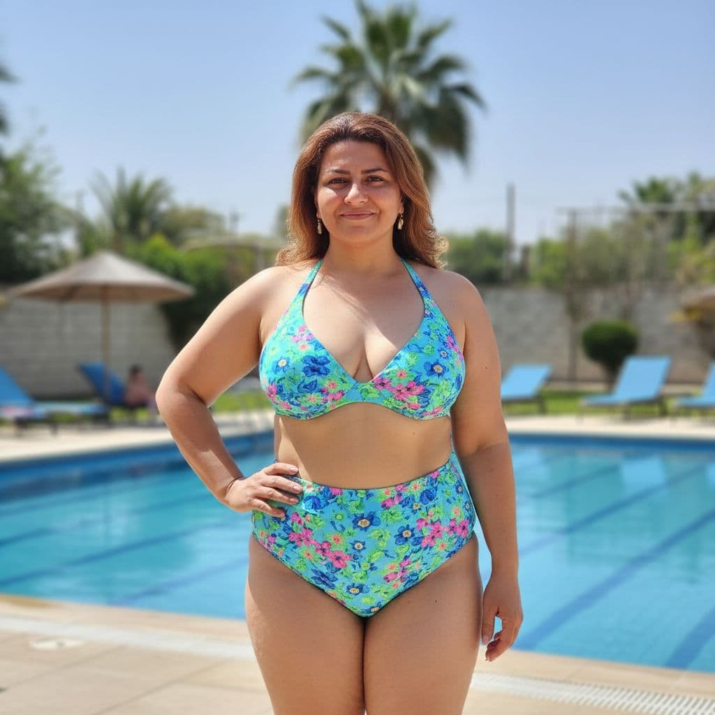 AI generated: Standing with a fat Iranian body in a tight bikini