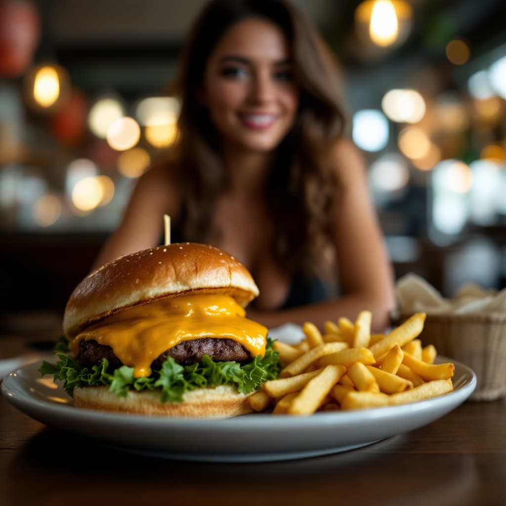 AI generated: close up of a cheeseburger and French fries on a table in a restaurant, a woman in the background we...