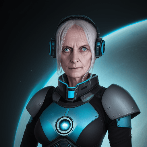 AI generated: sci fi bild, frau, 26 jahre, 1,68, schlank, 58kg, dunkelblau hüftlanges Haar, 
weiß alles besser und...
