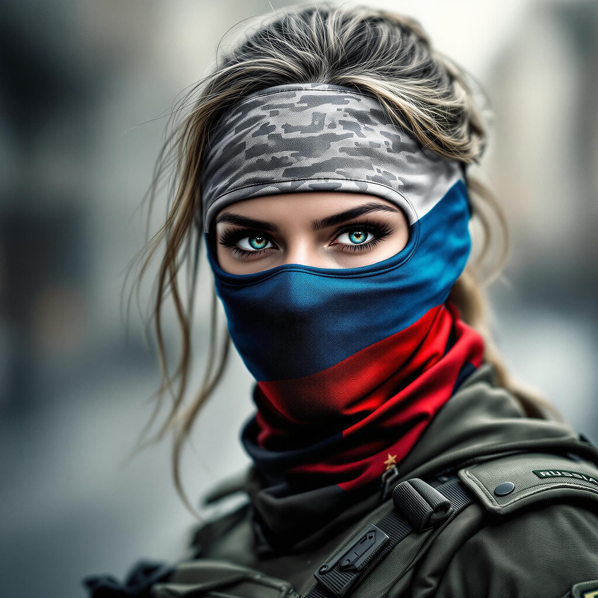 AI generated: Create a striking portrait of a female soldier wearing a tactical mask. The mask is designed with a ...