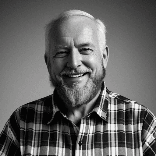 AI generated: A black and white image of an old man, white and short hair and beard, smiling, wearing a chequered ...