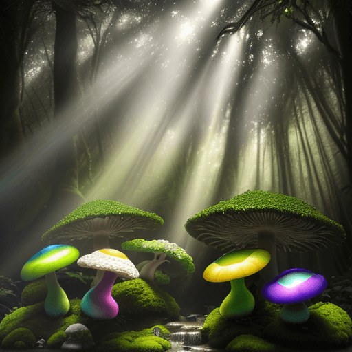 AI generated: (((masterpiece))), an enchanted forest full of (((colorful magic mushrooms))), ((large and small rai...