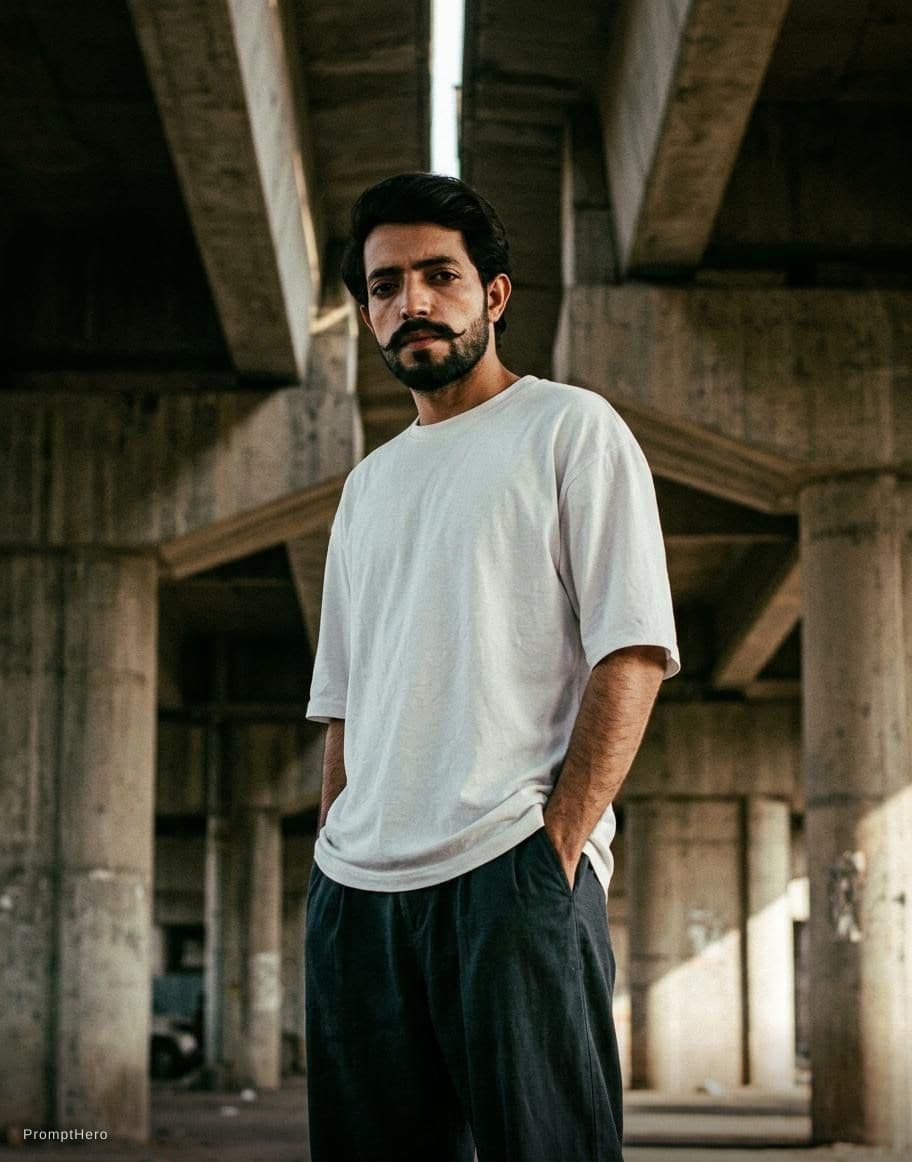 AI generated: A moody, urban portrait of me standing under a desolate concrete overpass, the harsh architectural l...