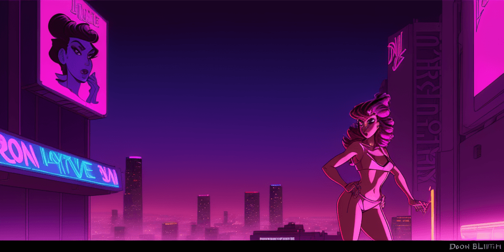AI generated: A synthwave girl in Los Angeles at night, Synthwave aesthetic. Art by Don Bluth