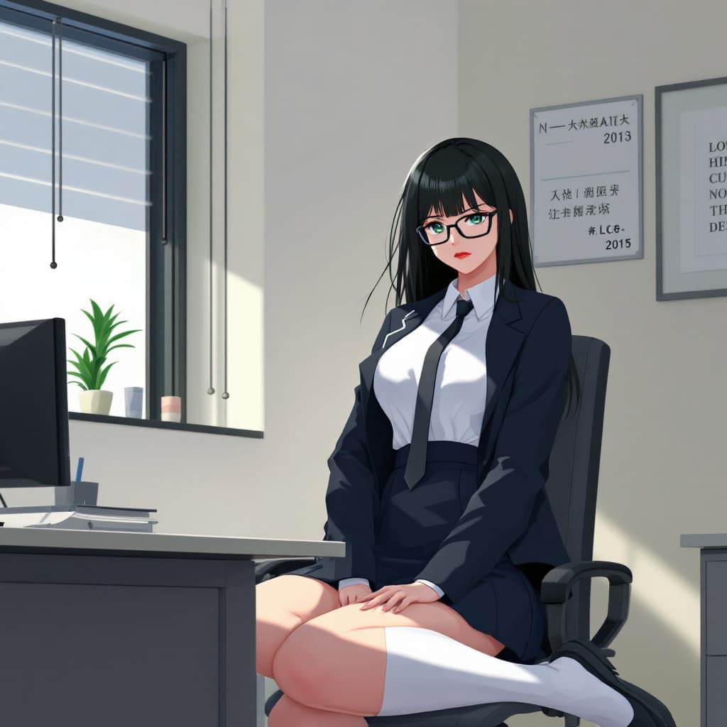 AI generated: anime, woman, black hair, long hair, green eyes, black glasses, red lips, white shirt, black tie, bl...