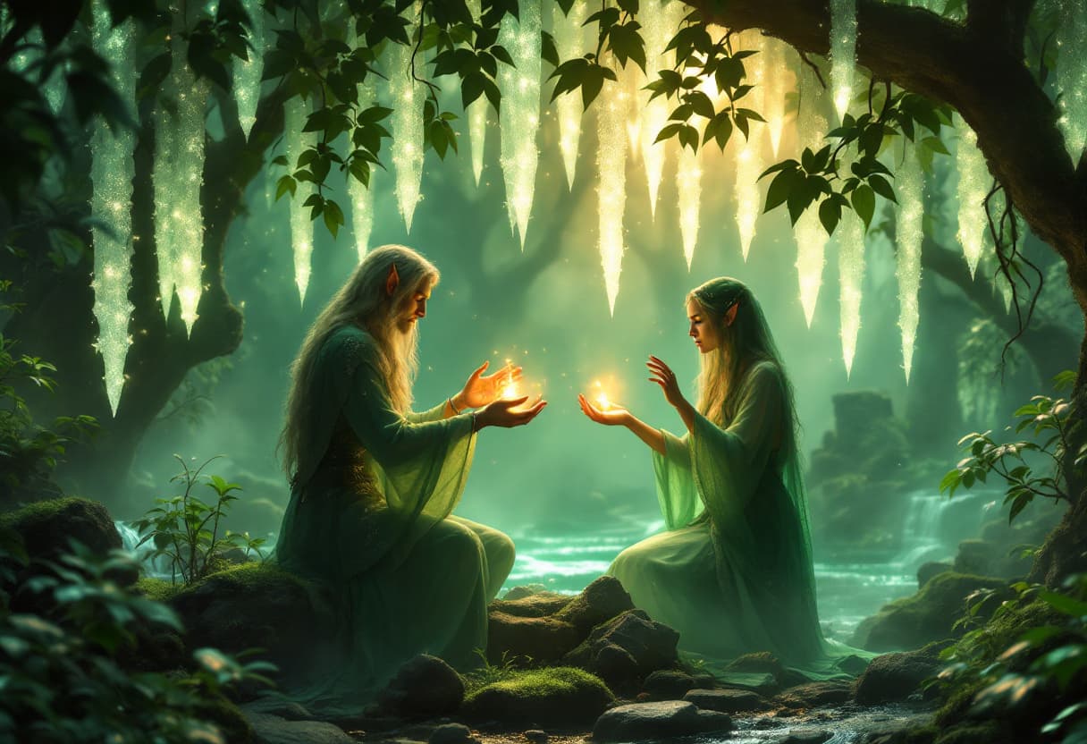 AI generated: /imagine prompt: A highly detailed, atmospheric scene of two magical elves performing a ritual under...