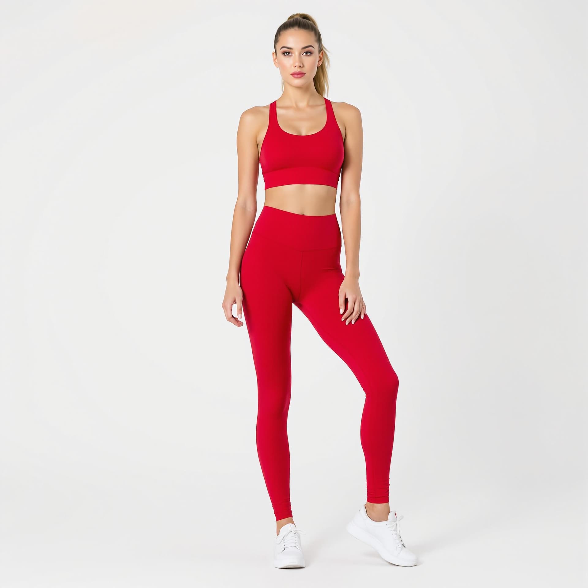 AI generated: a woman wearing red sports bra and matching legging and white sneakers. Her hair is pulled back in a...