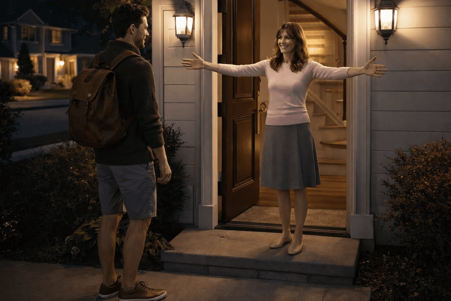 AI generated: At night, the model is at the main door of a beautiful residence at a nice neighborhood. The main do...