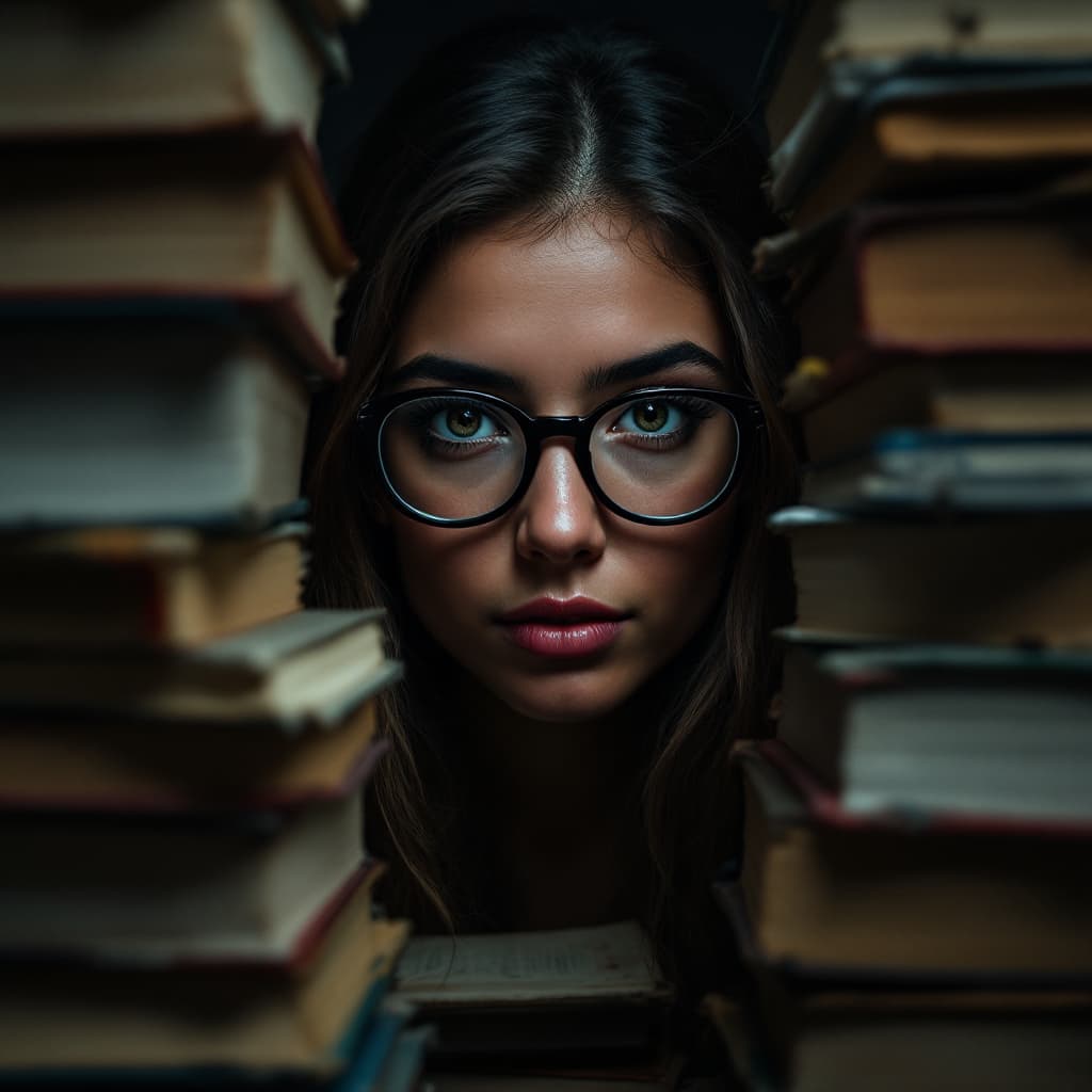 AI generated:  a young women wearing spectacles looking at camera through the piles of books in a dark dramatic sc...