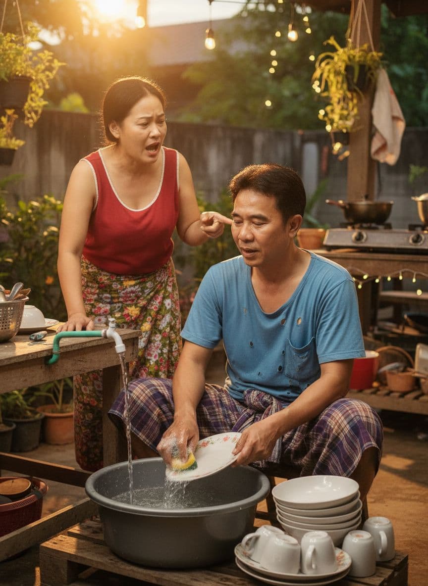 AI generated: สร้างภาพ ให้ผู้ชาย กำลัง นั่งล้างจาน ข้างเขา มีภรรยา กำลังยืนบ่นอยู่ ในมือซ้ายของเขาถือจาน มือขวาถือ...
