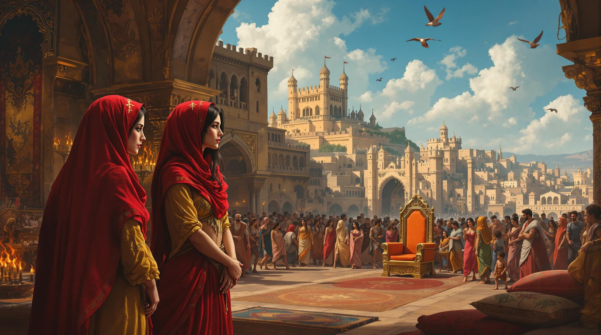 AI generated: a painting of a bustling medieval marketplace in a Middle Eastern city. The two women in the foregro...
