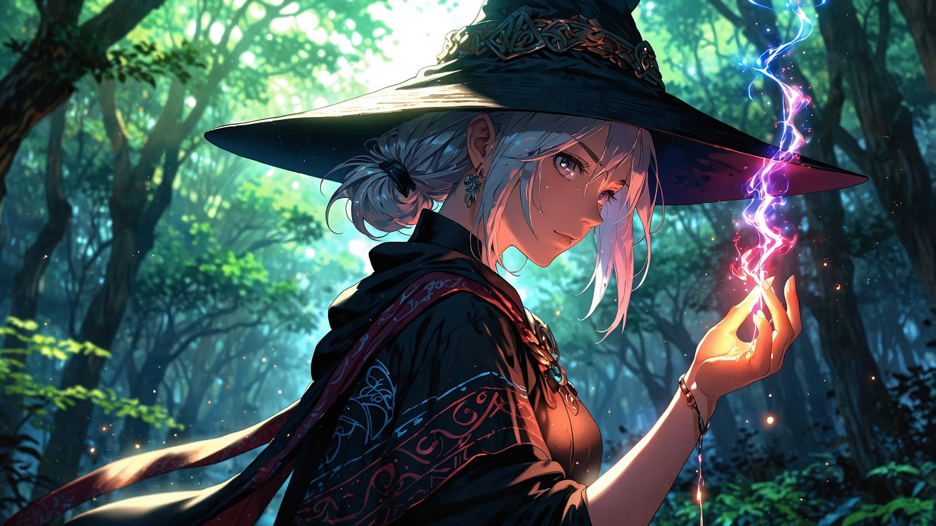 AI generated: In the depths of a mystical forest, an iridescent exotic witch with shimmering rainbow skin and silv...