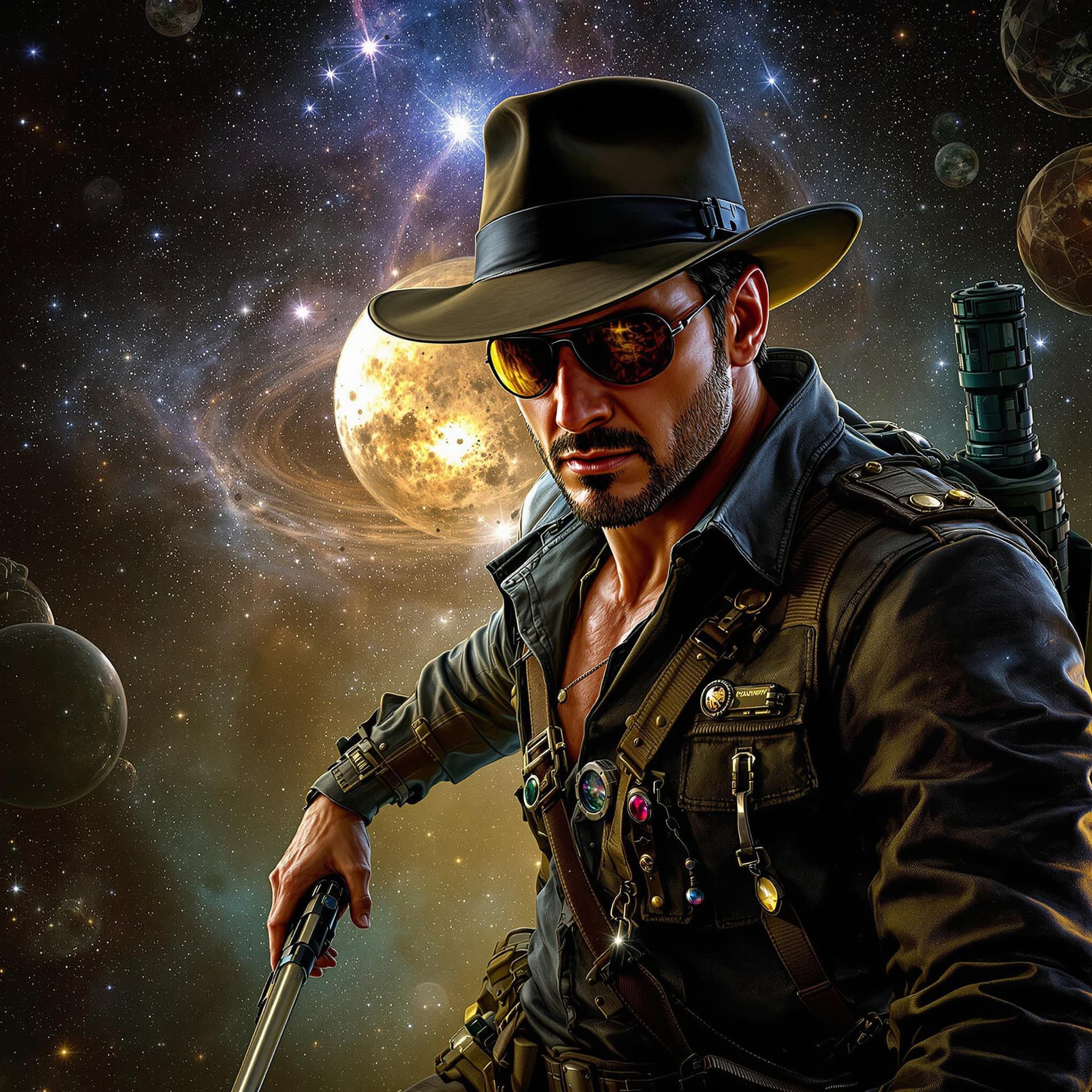 AI generated: galaxy cybergoth Indiana Jones by Vladimir Matyukhin --ar 800:1600 --v 5.1 --style raw