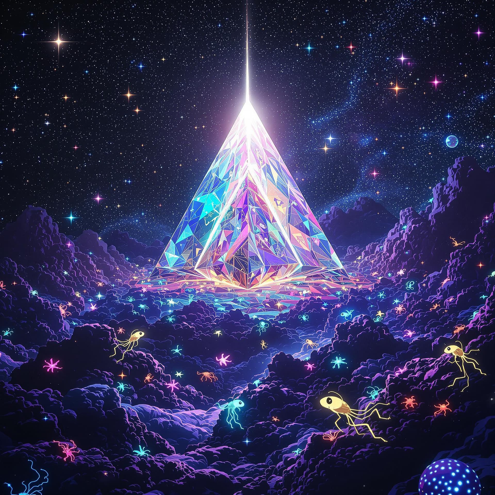 AI generated:  Trippy, psychedelic, and surreal, A giant, clear prism in outer space with white light entering it ...