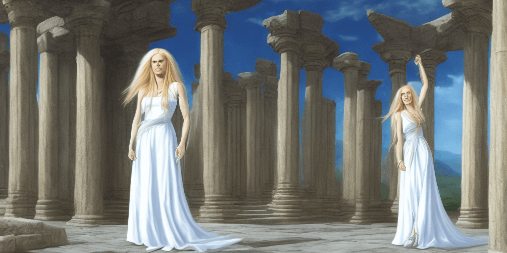 AI generated: A Woman with long blond hair and blue eyes wearing a long white dress standing in an pagan temple.