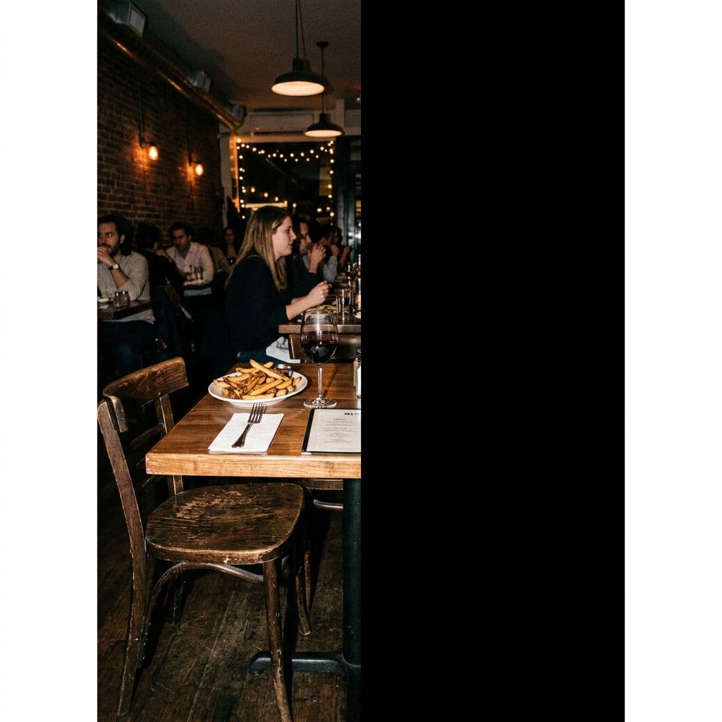 AI generated: restaurant interior with tables and chairs, photographed with harsh direct flash, urban nightlife re...