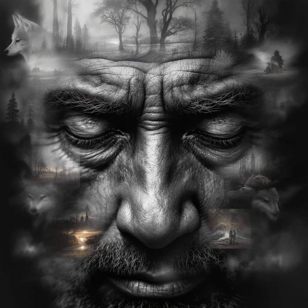AI generated: digital painting, image inside image, ultra realistic, black and white sketch, very detailed eyes of...