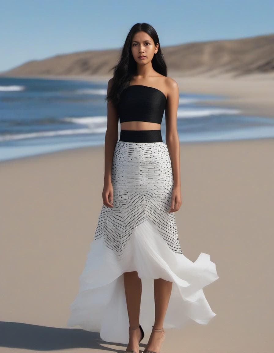 AI generated: a woman in a white dress standing on a beach, nagash editorial, toiletpaper magazine, blurry, long b...