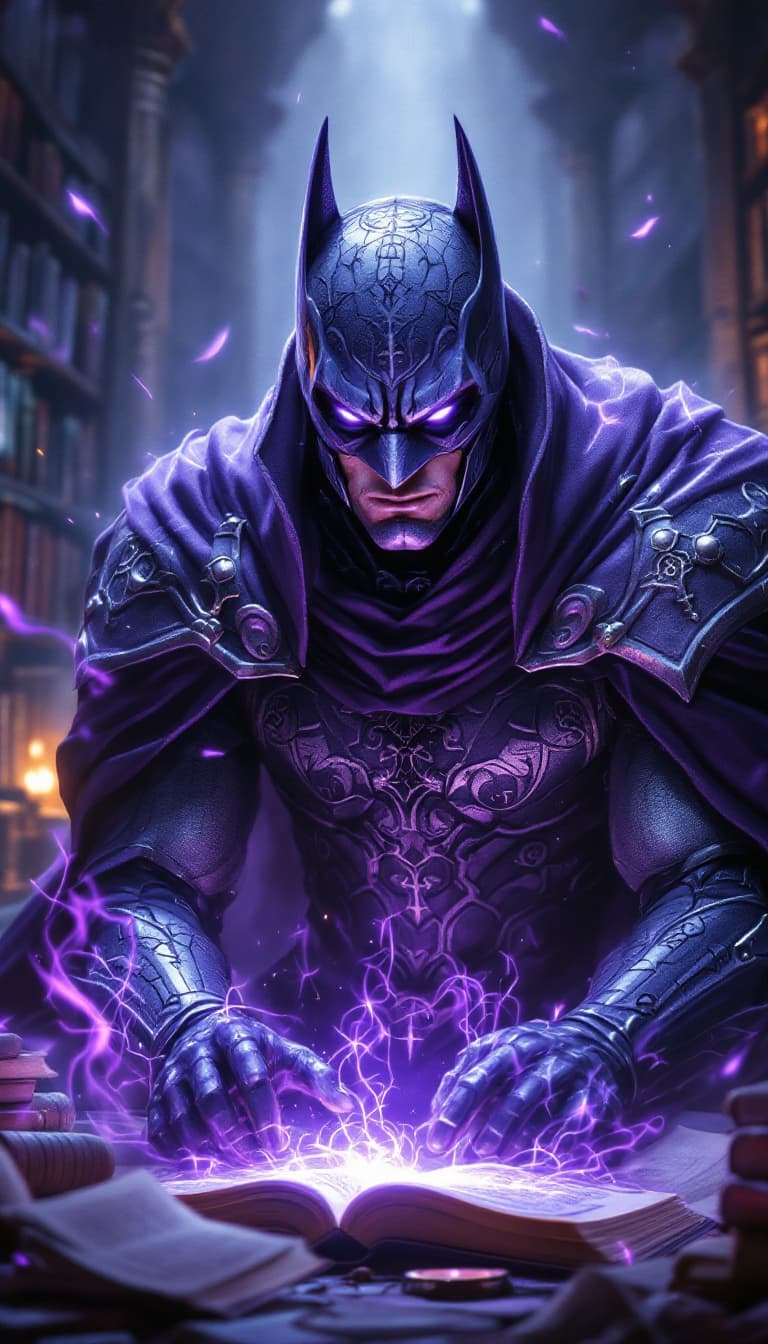 AI generated: A cinematic digital artwork featuring a powerful, BATMAN arcane mage in a poised yet exhausted, spel...