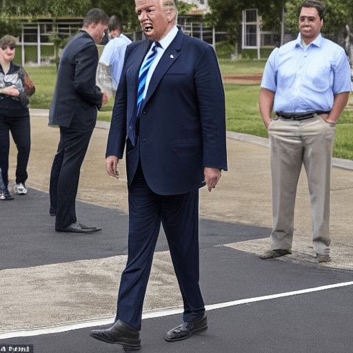 AI generated: donald trump wears a short-sleeved white shirt with a blue tie, dark green jeans, he is standing in ...