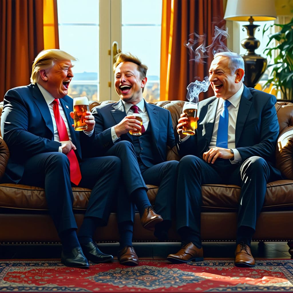 AI generated: High resolution picture with three characters: Donald Trump, Elon Musk and Benjamín Netanyahu, laugh...