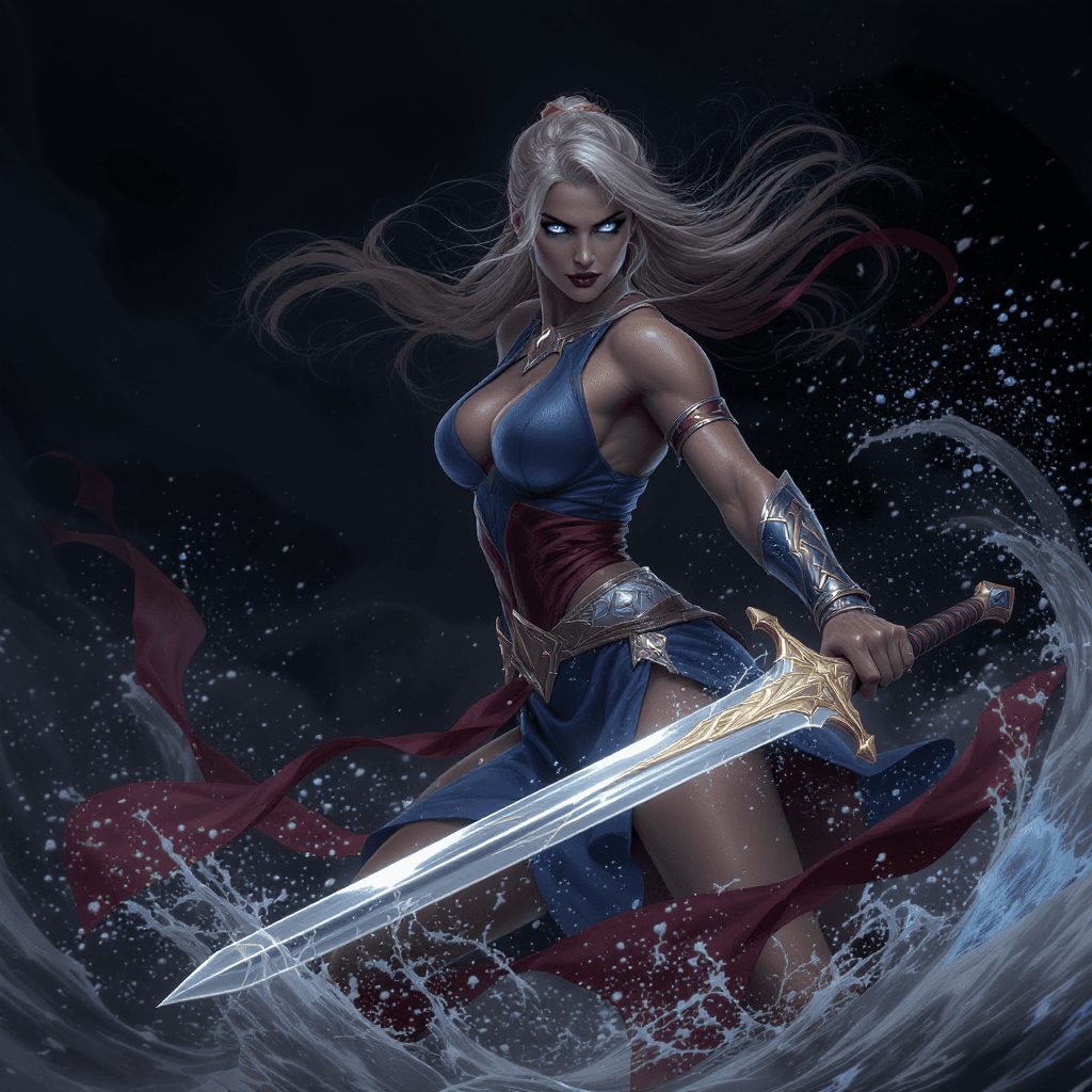 AI generated: A fierce warrior woman stands in a dynamic pose, wielding a gleaming sword with a hint of water swir...