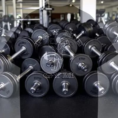 AI generated video: Photo realistic video. From behind the frame, a large pile of metal dumbbells and