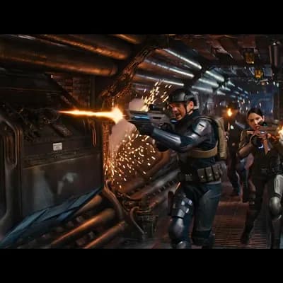 AI generated video: Using characters from Reference Image 2, conduct a fighting withdrawal through the environment shown...