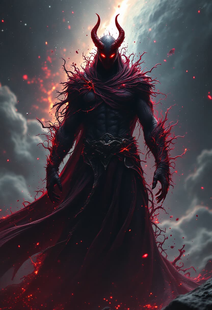 AI generated: God of Blood, full-body, Etherial, muscular, No mouth or hair, Glowing Dark Red eyes, epic, cinemati...