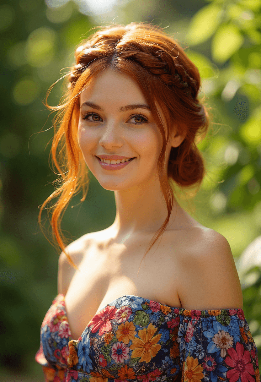 AI generated: A stunning young woman stands poised in a lush natural setting â her vibrant auburn hair styled in...