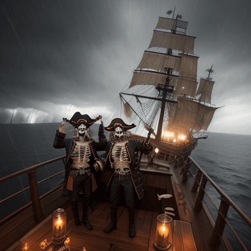 AI generated: 1800 pirates on a pirate ship taking a selfie:award winning photo of a skeleton pirates on a pirate ...