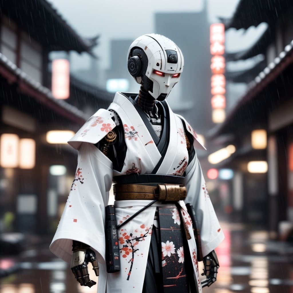 AI generated: Rusted robot, looks broken, wearing a traditional white and black flowered kimono, katana attached t...
