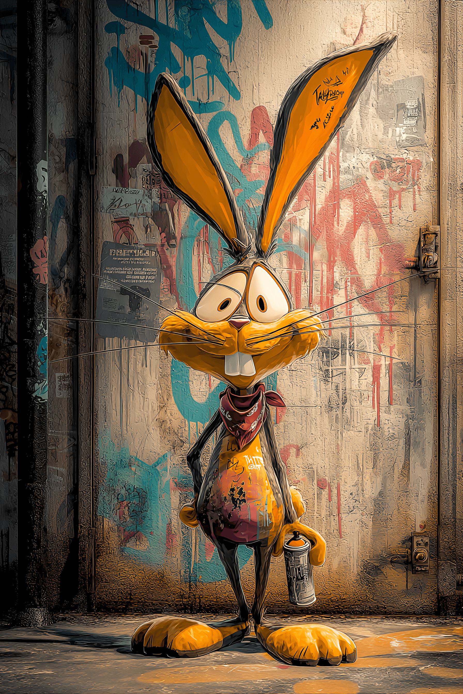 AI generated: funny caricature, graffiti rabbit, 15 years old, urban, edgy, mischievous, elongated ears and exagge...