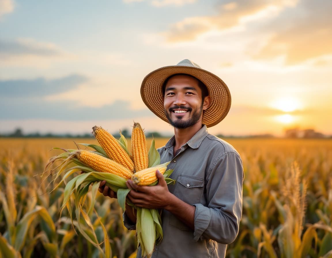 AI generated: portrait of Indonesian male farmer holding harvested corn, looking at camera, wearing a caping hat, ...