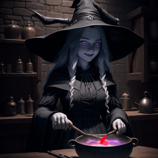 AI generated: A beautiful young witch in a big witch hat is stirring and mixing a potion in a cauldron. wizard lab...