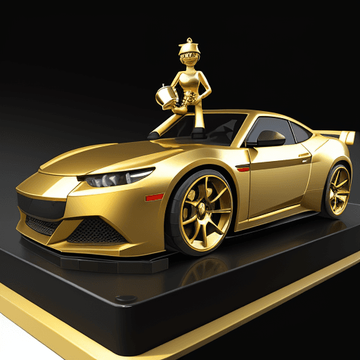 AI generated: Roblox avatar is holding a golden trophy while posing / sitting on top of the sports cars hood displ...