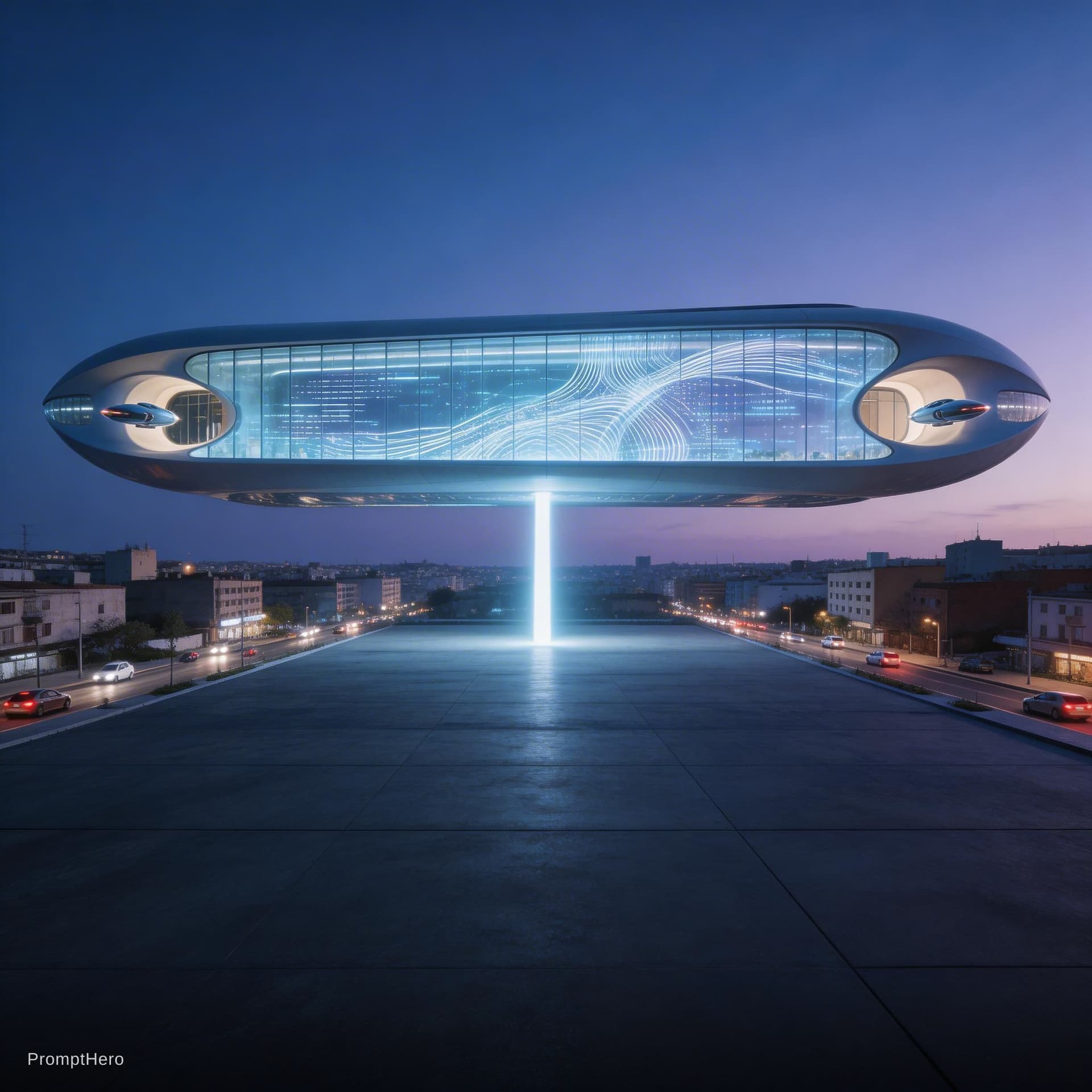 AI generated: A hyper-realistic architectural photo taken from a low angle, capturing a futuristic single-story to...