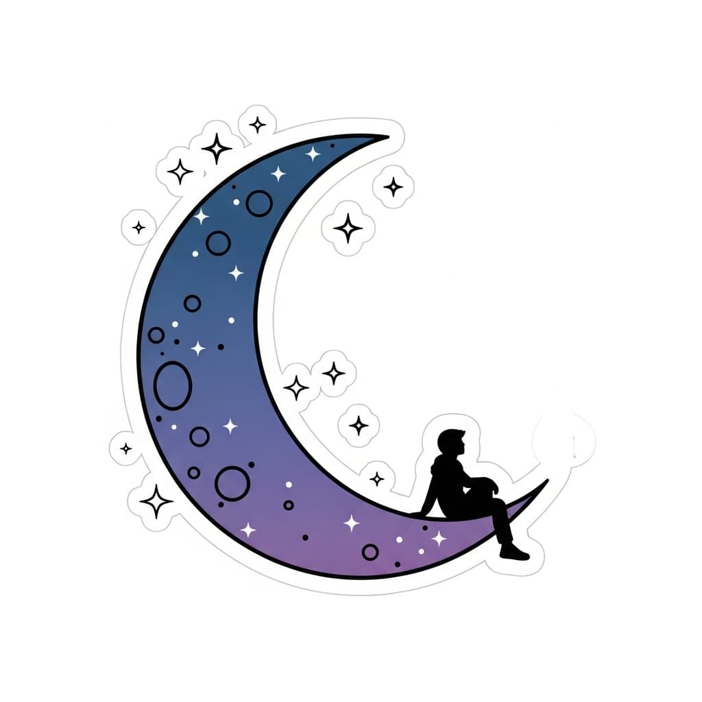 AI generated: "A minimalist sticker design featuring a crescent moon with tiny, glowing stars and a small figure s...