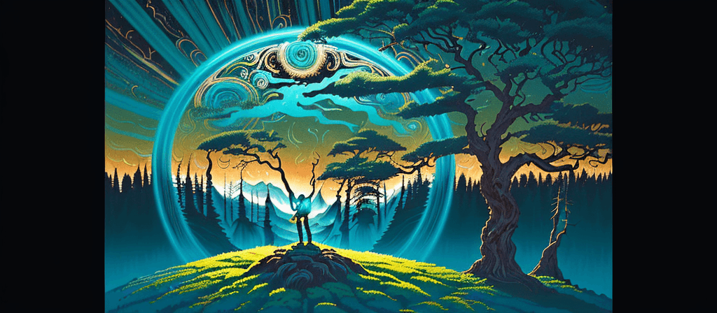 AI generated: 
a large circle of a person above a tree in an image, in the style of vibrant fantasy landscapes, te...