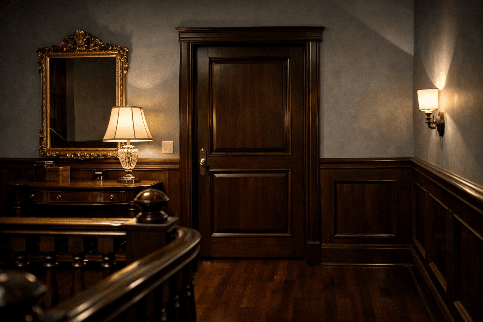 AI generated: At night at a beautiful and luxurious house, on the second floor.

The view is the outside of a bedr...