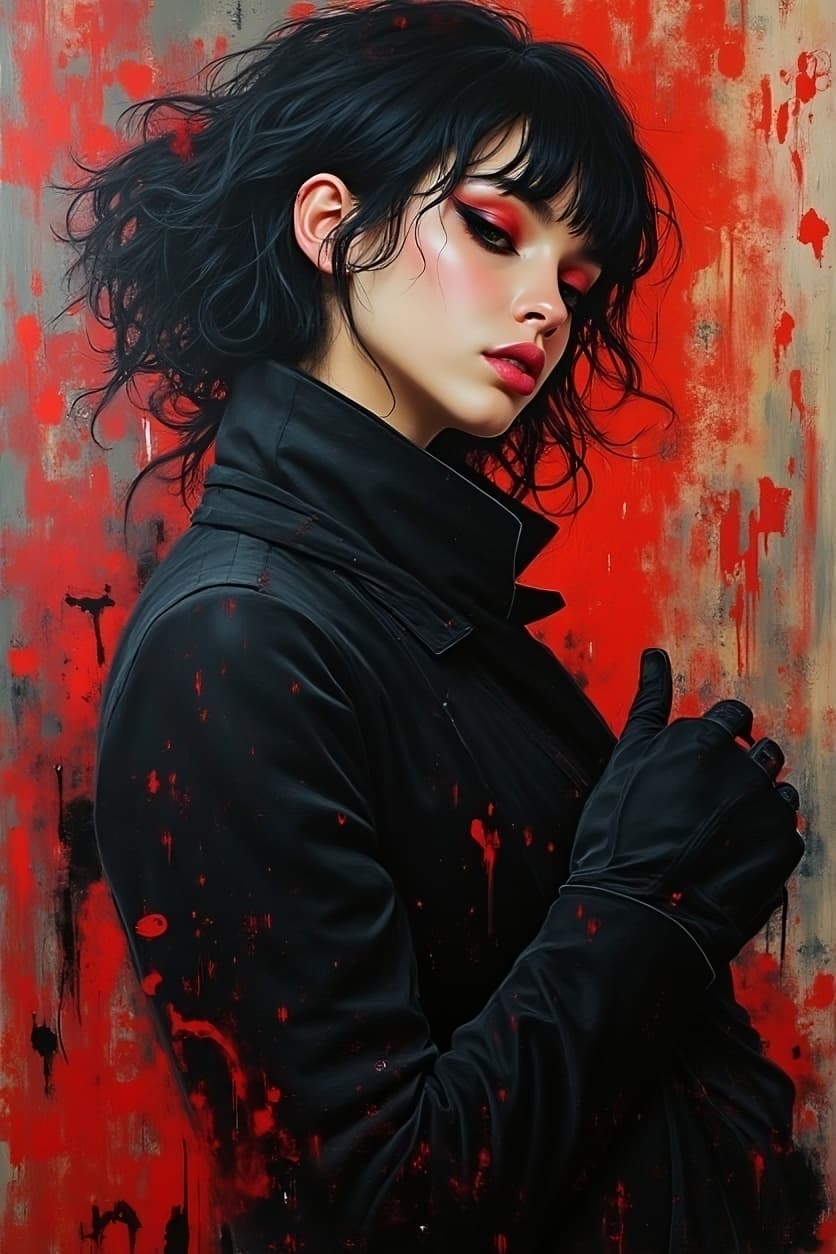 AI generated: In a vibrant and abstract masterpiece, a woman with black and red eduton donning a black and red coa...
