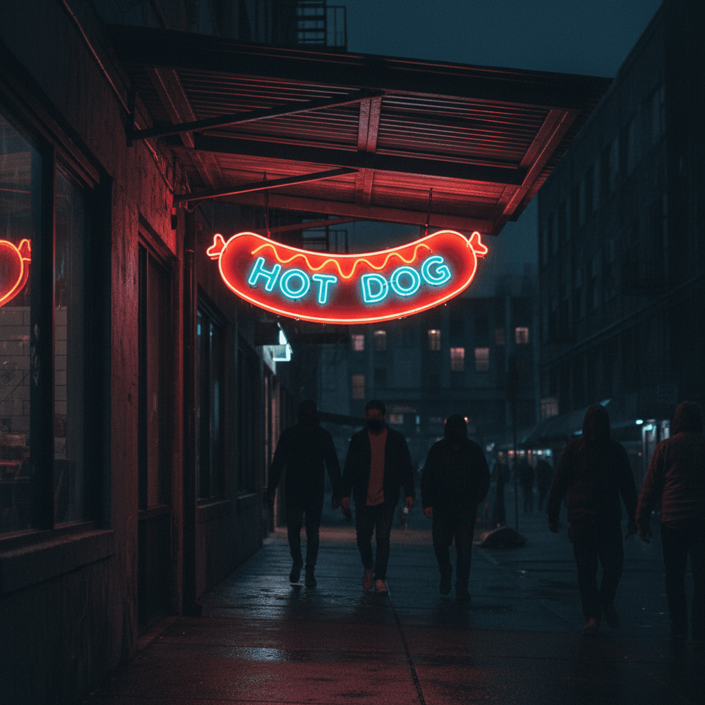 AI generated: A neon sign vibrant with life, showcasing a HOT DOG design hanging from the roof over the pavement, ...