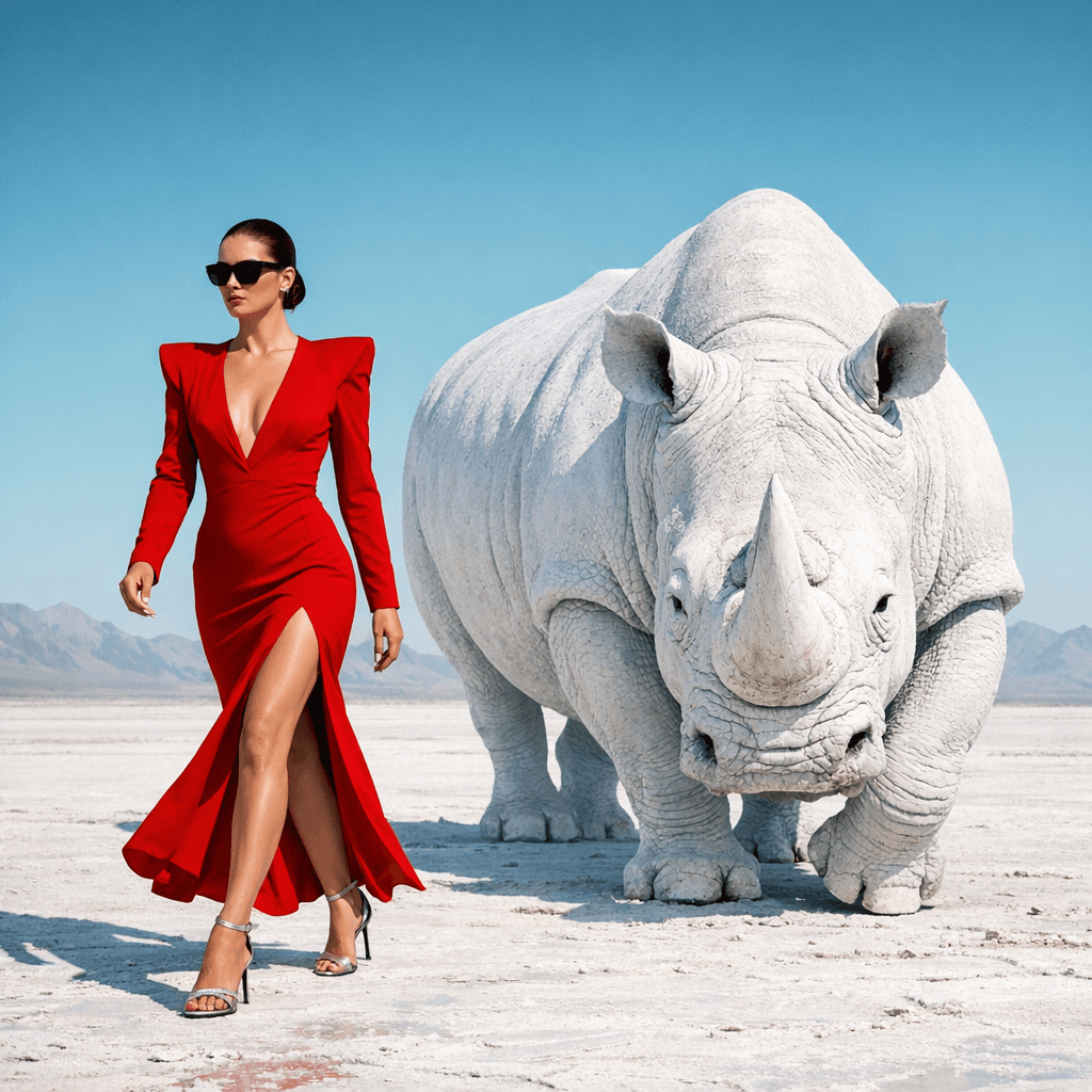 AI generated: {
  "scene": {
    "type": "editorial fashion surrealism",
    "location": "barren white desert with...