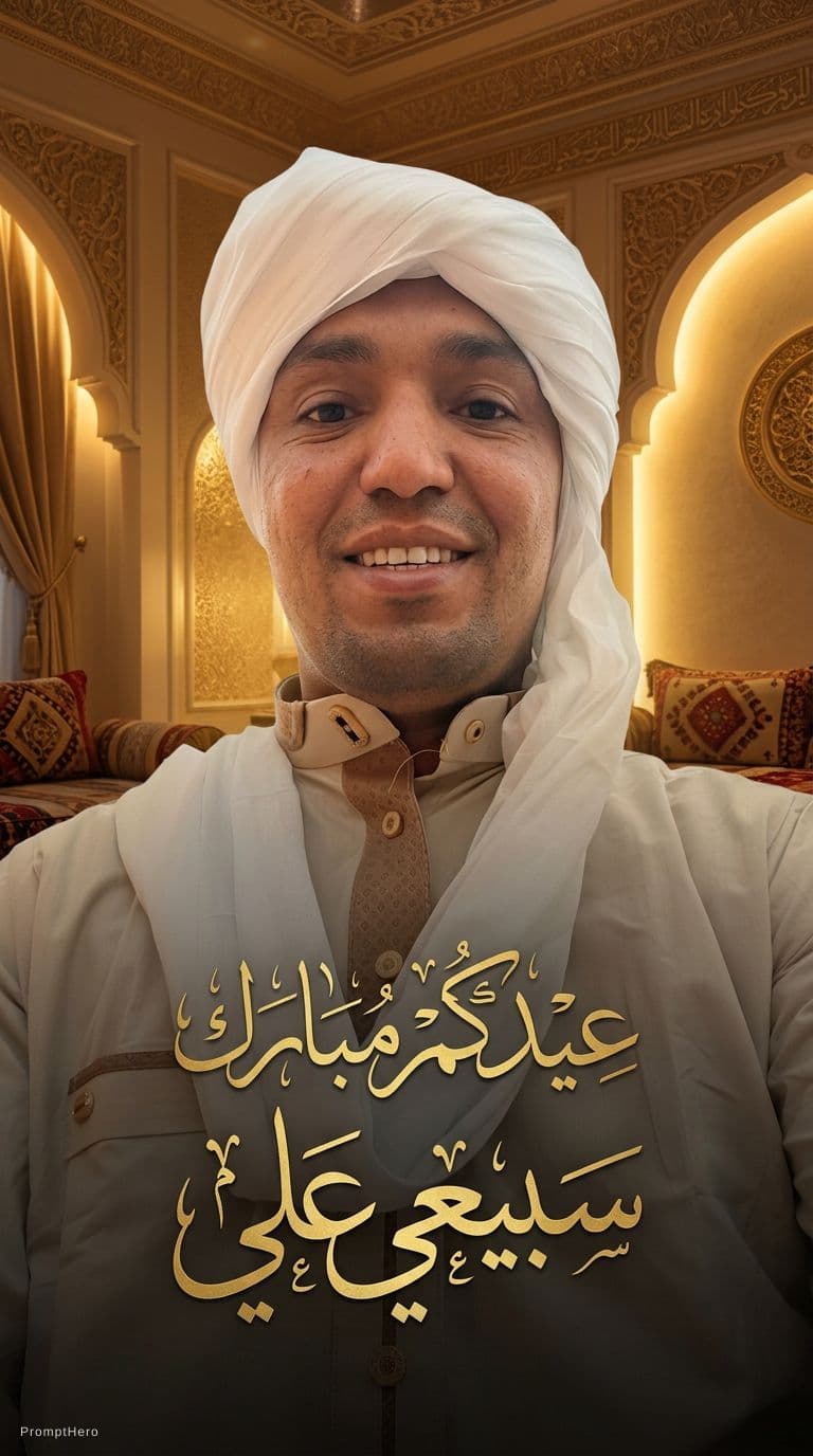 AI generated: Design a premium personalized Arabic Eid greeting card based on the attached portrait photo, keeping...