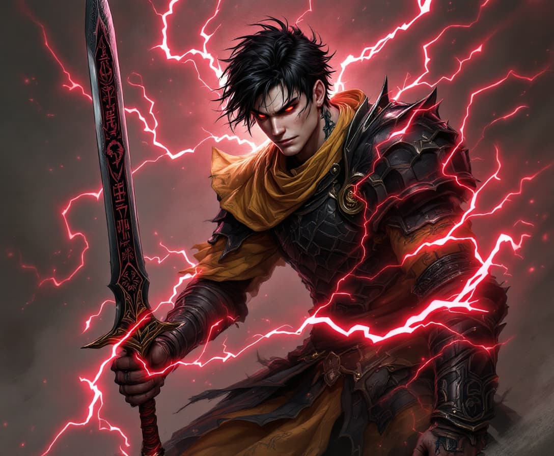 AI generated: a man with light skin, short black hair, black armor with yello fabric, and a black sword with a red...