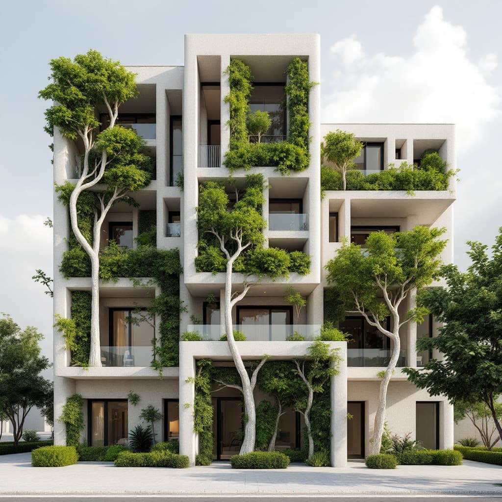 AI generated: An athenian block of buildings in Greece where there are vertical cylindrical elements imitating tre...